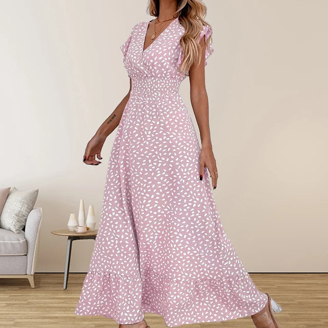 Amazon Cross border Foreign Trade European and American Women's Wear  Spring/Summer Fashion V-neck Waist Long Dress High Wai