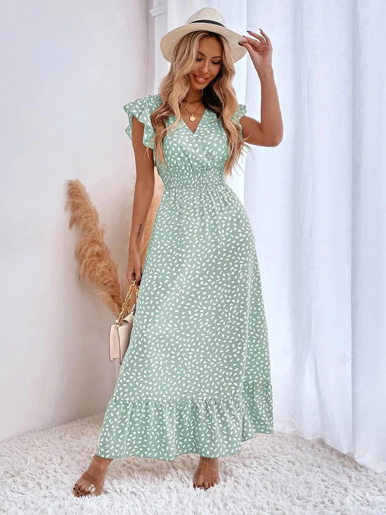 Amazon Cross border Foreign Trade European and American Women's Wear  Spring/Summer Fashion V-neck Waist Long Dress High Wai