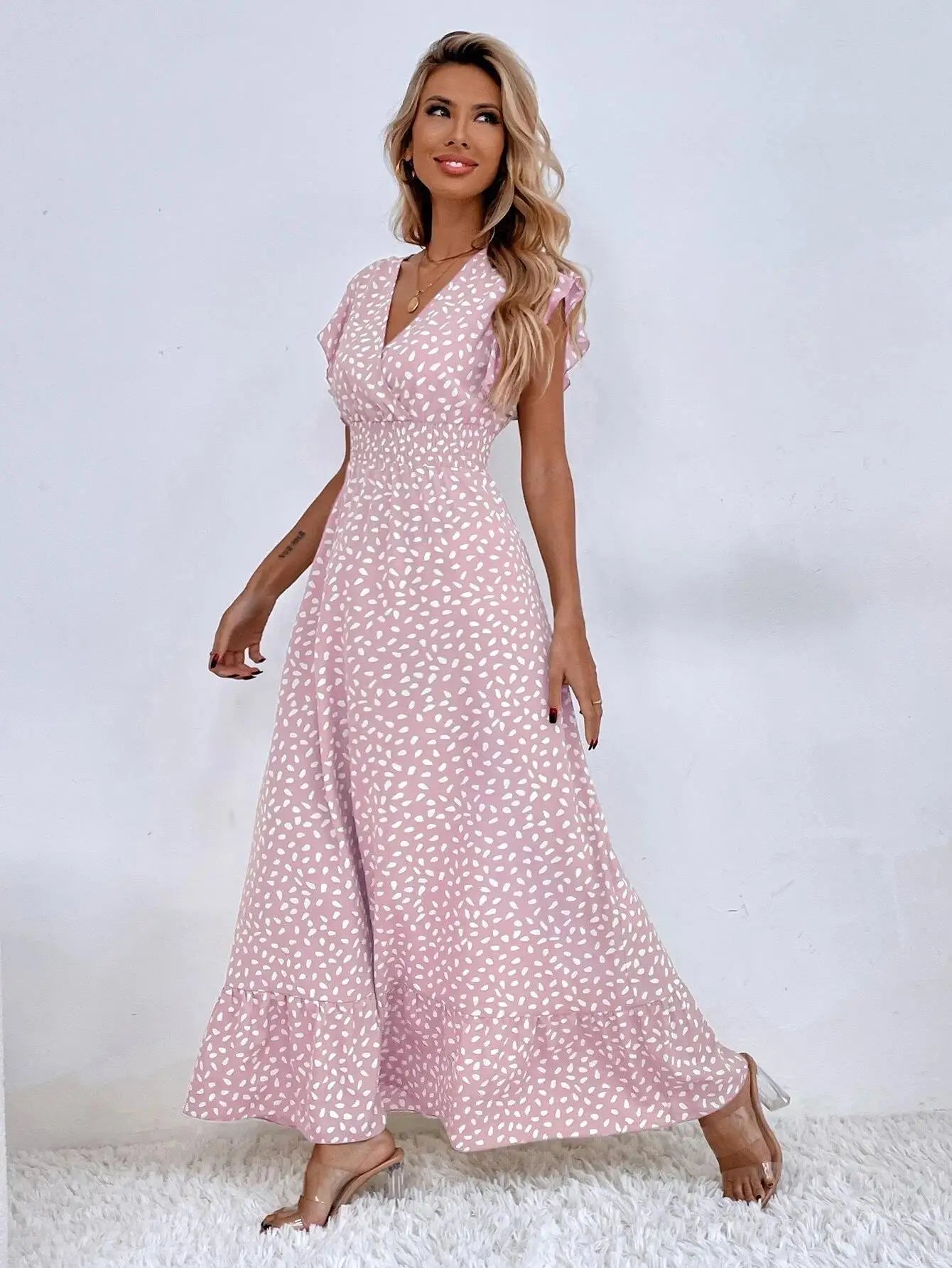 Amazon Cross border Foreign Trade European and American Women's Wear  Spring/Summer Fashion V-neck Waist Long Dress High Wai