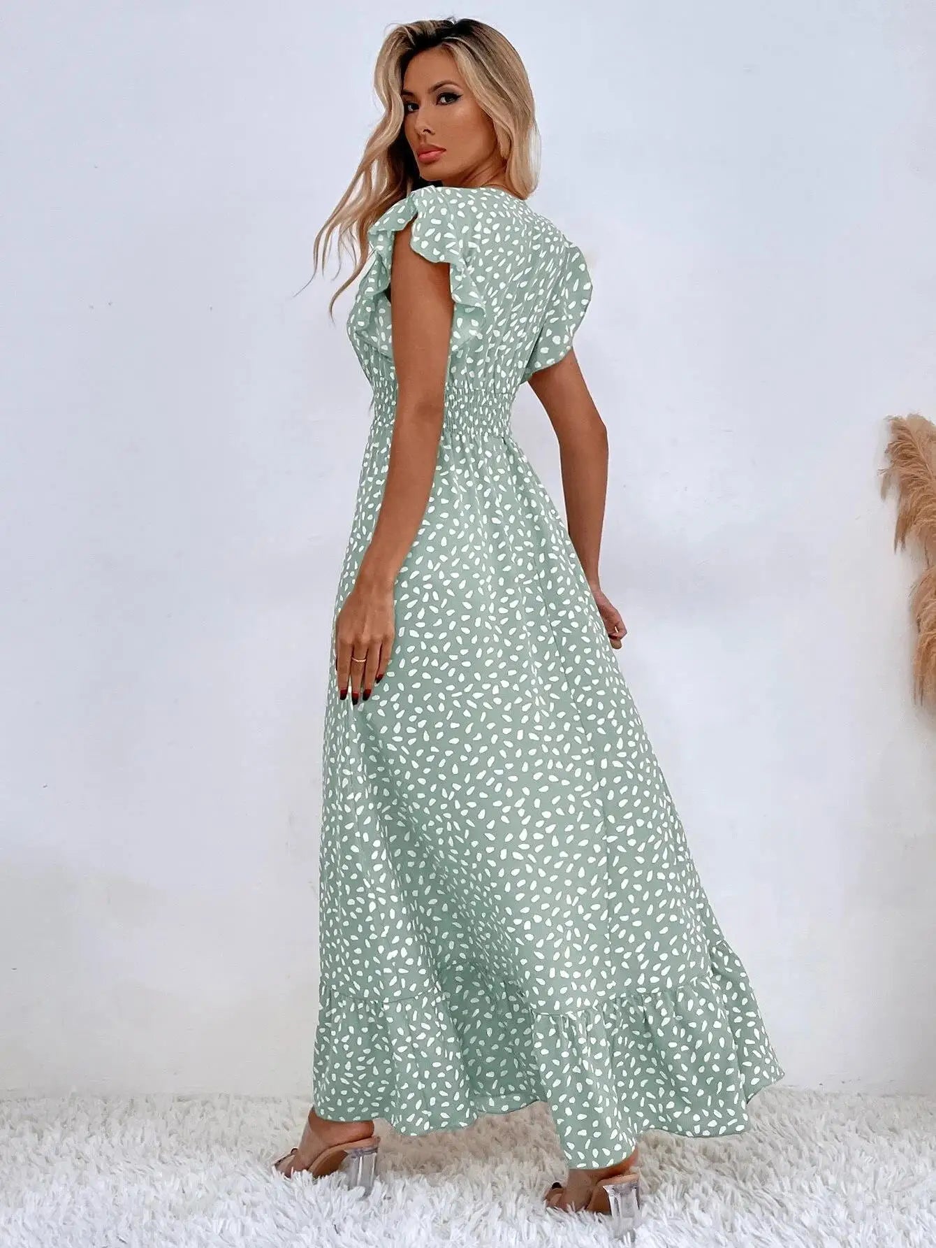 Amazon Cross border Foreign Trade European and American Women's Wear  Spring/Summer Fashion V-neck Waist Long Dress High Wai