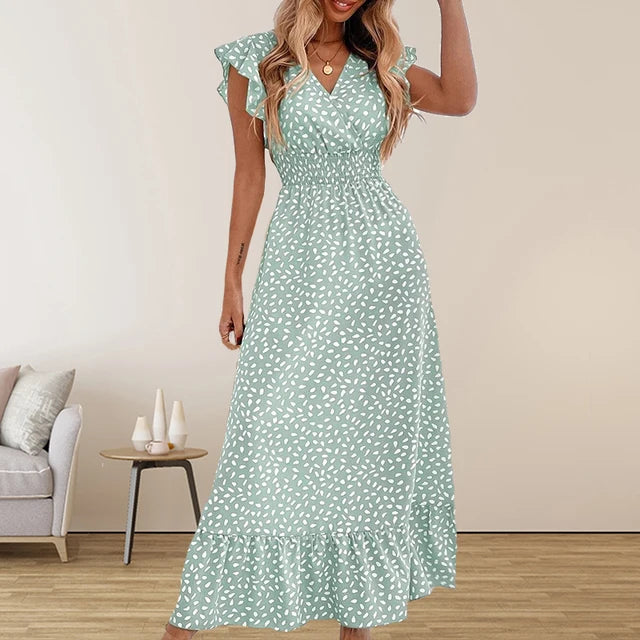 Amazon Cross border Foreign Trade European and American Women's Wear  Spring/Summer Fashion V-neck Waist Long Dress High Wai