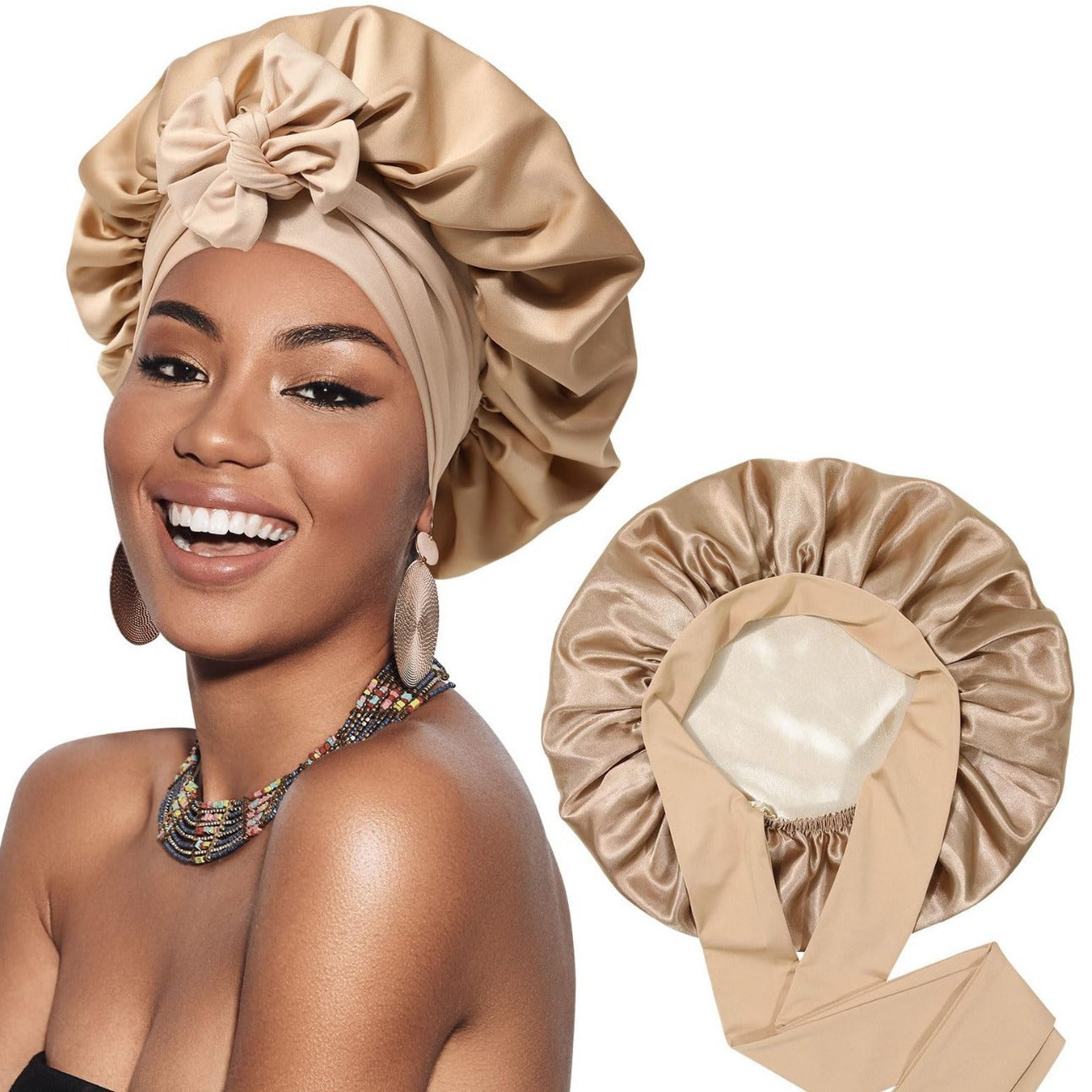 Bow bow ribbon nightcap single-layer color Ding round hat long tail hair care hat